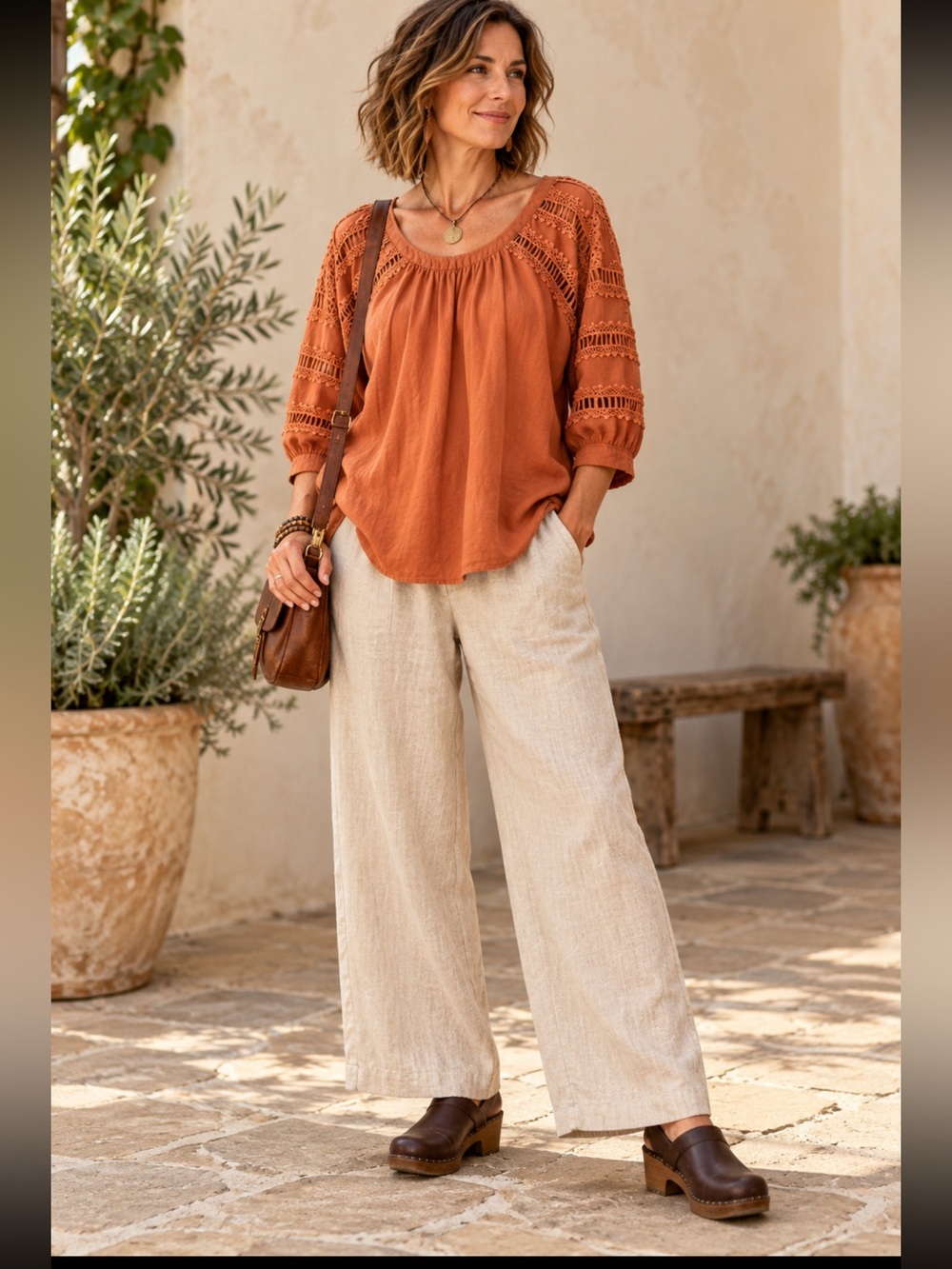Sundance Rust Crochet Lace Peasant Blouse Lagenlook XS